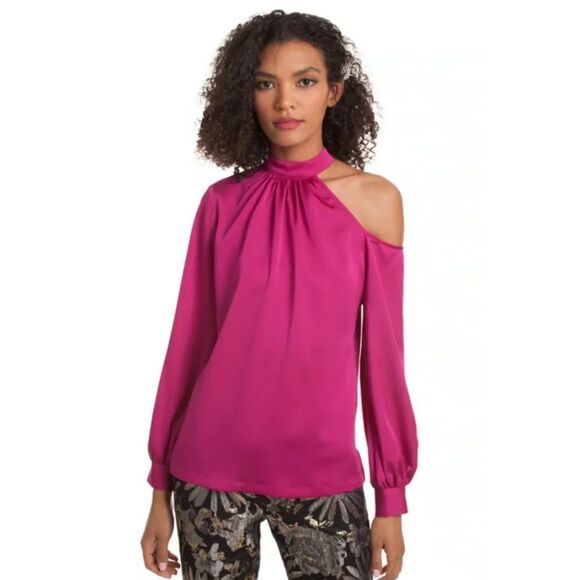 💕TRINA TURK💕 Negroni Top Magenta XS NWT Blouse Satin Georgette One-Shoulder - Picture 1 of 12